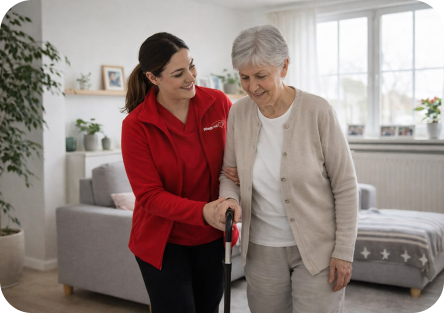 Mitarbeiterin von Pflege mit Herz stützt eine Seniorin beim Gehen mit einem Gehstock im Wohnzimmer.