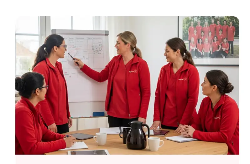 Mitarbeiterinnen von Pflege mit Herz Halle bei einer gemeinsamen Teambesprechung